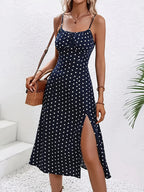 Bonvieve | Elegant Navy Blue Polka Dot Midi Dress