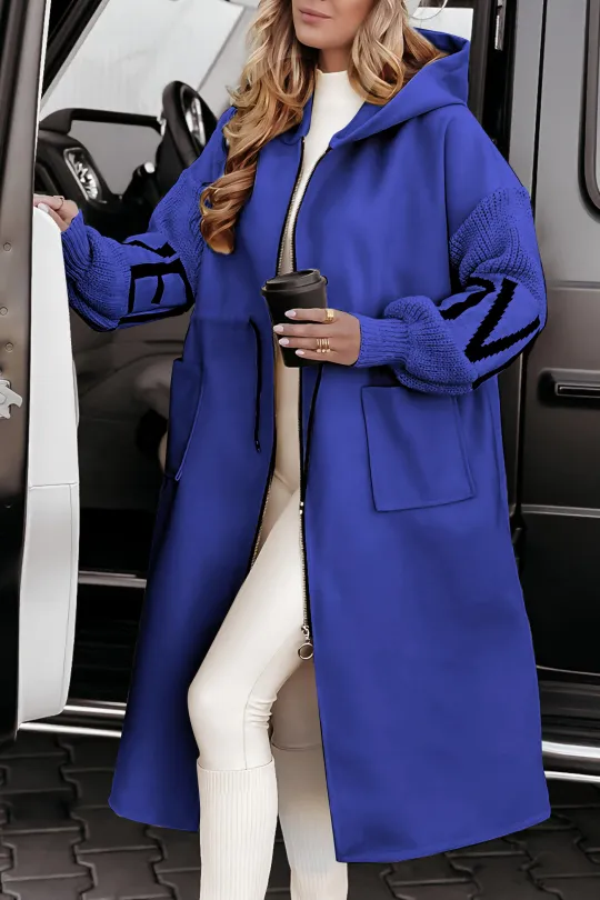 Bonvieve | Women’s Casual Jacket with Hood, Long Sleeves, Knitted Sleeves and Patchwork Design