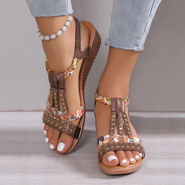 Bonvieve | Women’s Summer Sandals – Bohemian Wedge Heels with Rhinestones | Comfortable Platform