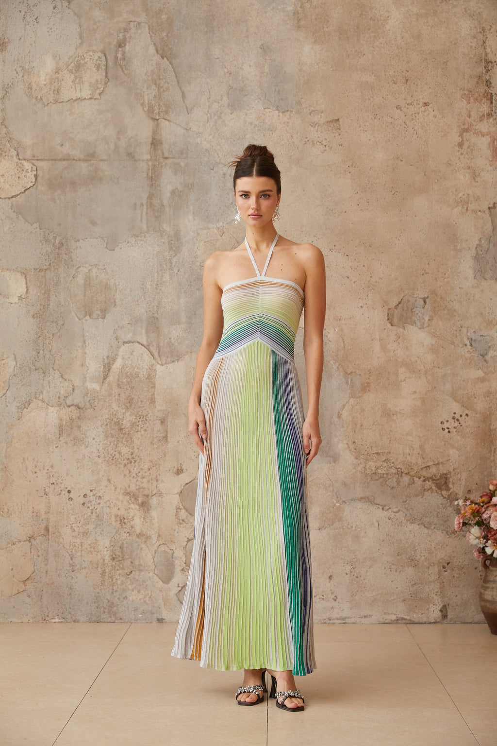 Bonvieve | Luxury Knitted Maxi Dress with Halter Neck – Ulysse Green Metallic
