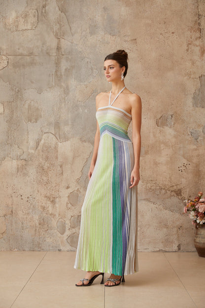 Bonvive | Luxe Gebreide Maxi-jurk met Halternek – Ulysse Groen Metallic