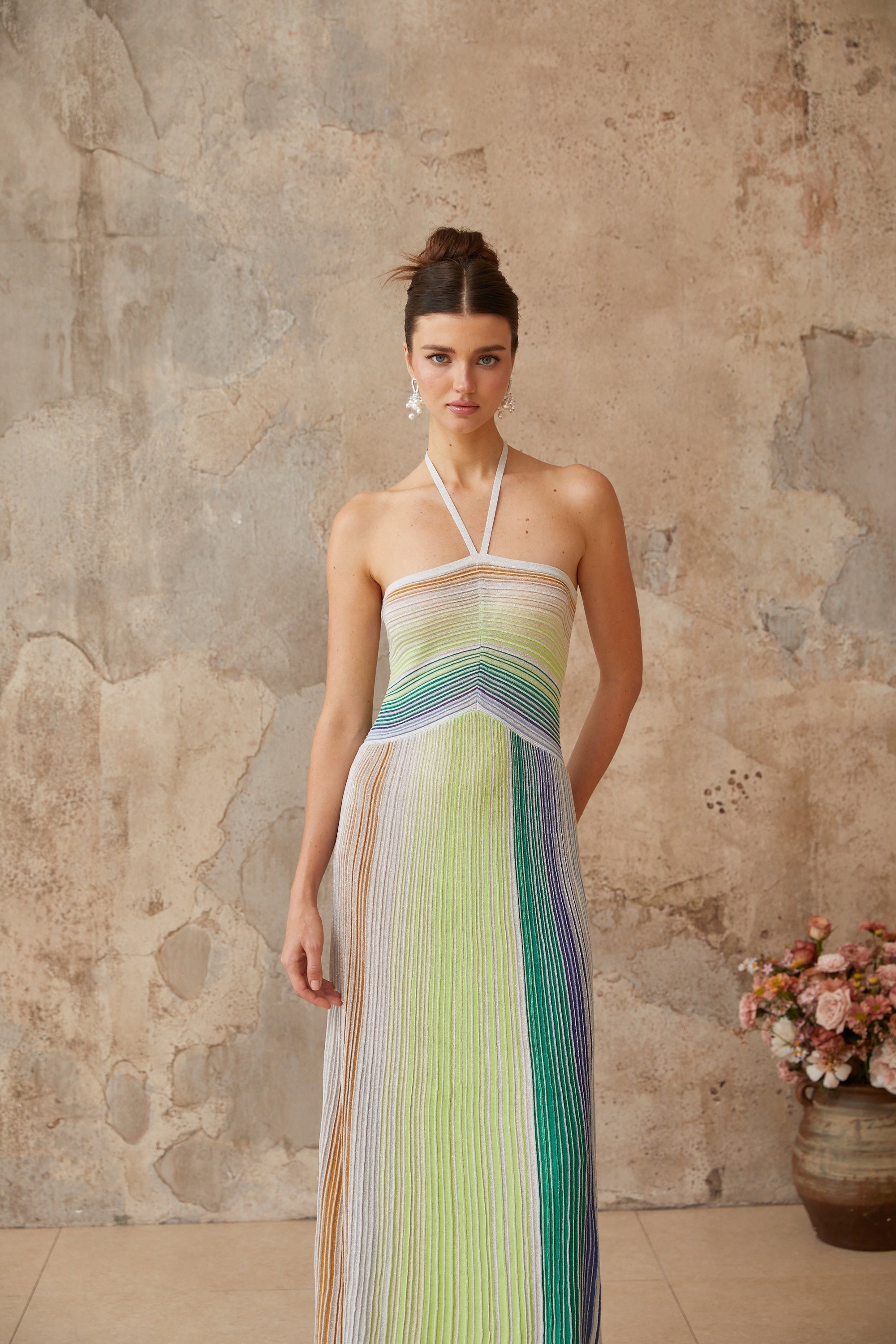 Bonvieve | Luxury Knitted Maxi Dress with Halter Neck – Ulysse Green Metallic