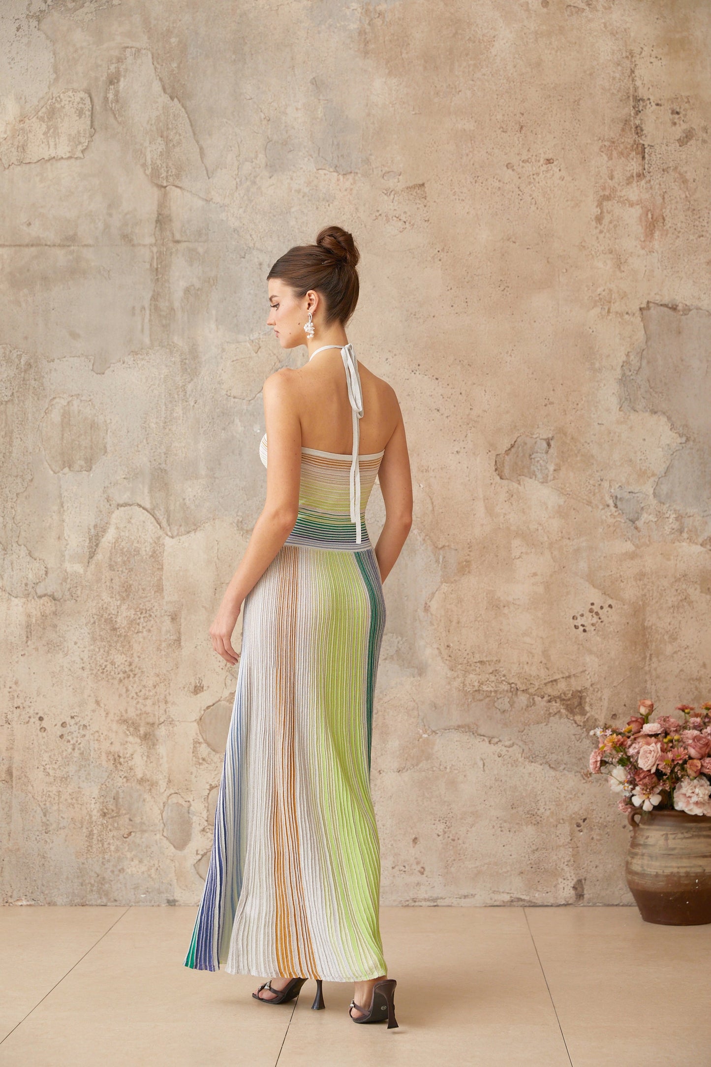Bonvive | Luxe Gebreide Maxi-jurk met Halternek – Ulysse Groen Metallic
