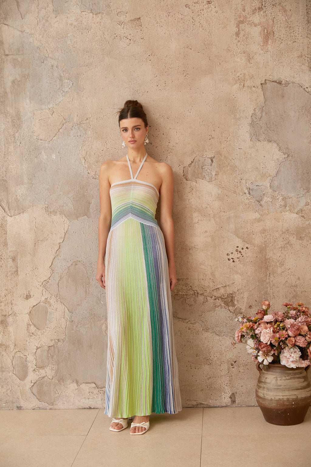 Bonvieve | Luxury Knitted Maxi Dress with Halter Neck – Ulysse Green Metallic