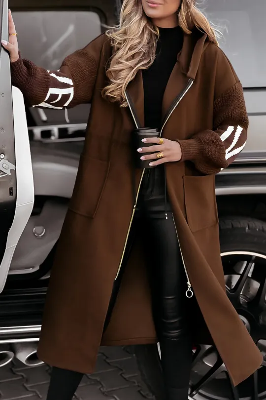 Bonvieve | Women’s Casual Jacket with Hood, Long Sleeves, Knitted Sleeves and Patchwork Design