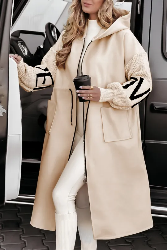 Bonvieve | Women’s Casual Jacket with Hood, Long Sleeves, Knitted Sleeves and Patchwork Design