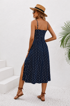 Bonvieve | Elegant Navy Blue Polka Dot Midi Dress