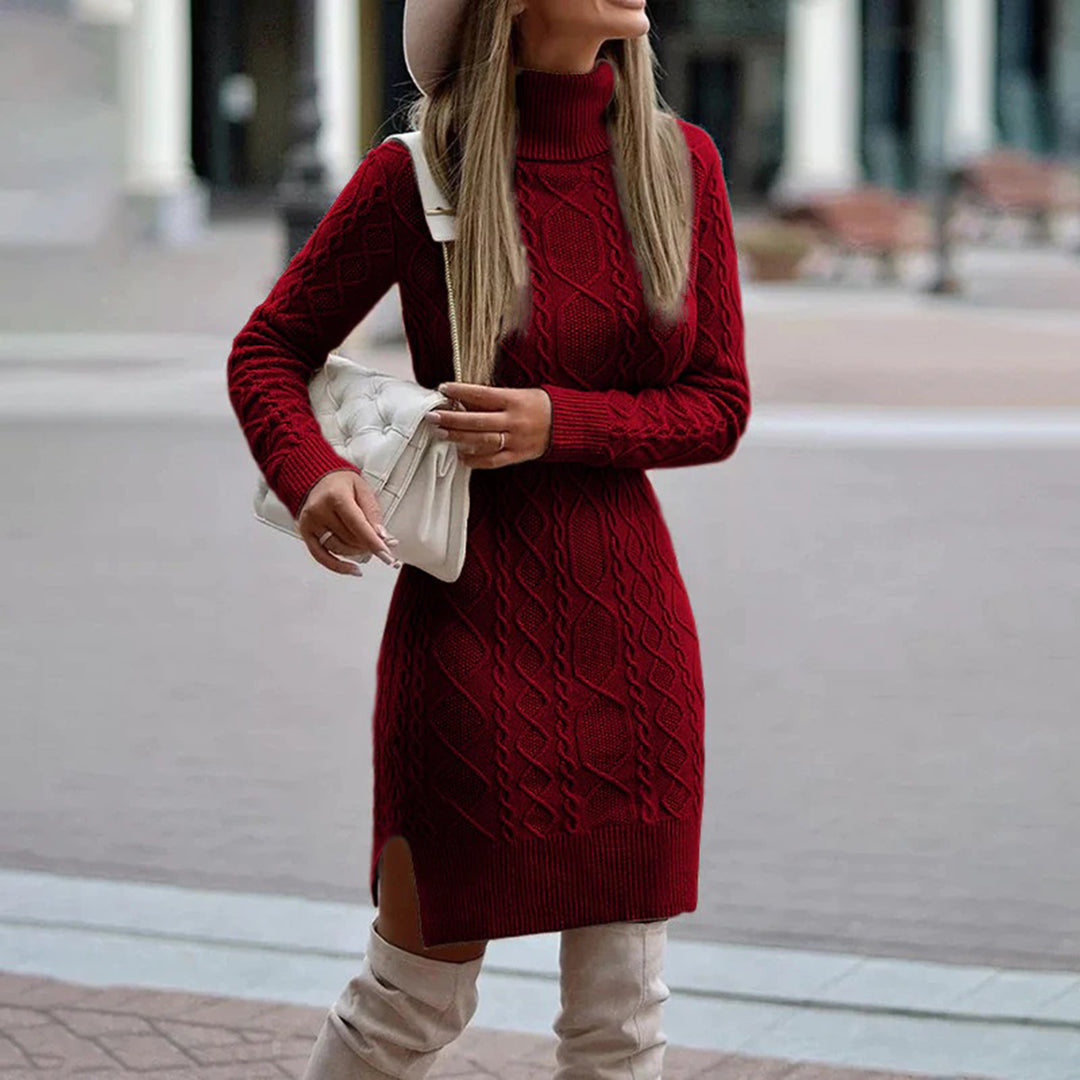 Bonvieve | Chic Long Chunky Knit Dress with Roll Neck – Perfect for Autumn