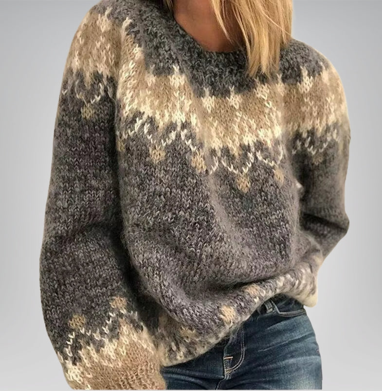 Elegant Vintage Knitted Sweater – Warm O-Neck Winter Hug with Stylish Patchwork Touch