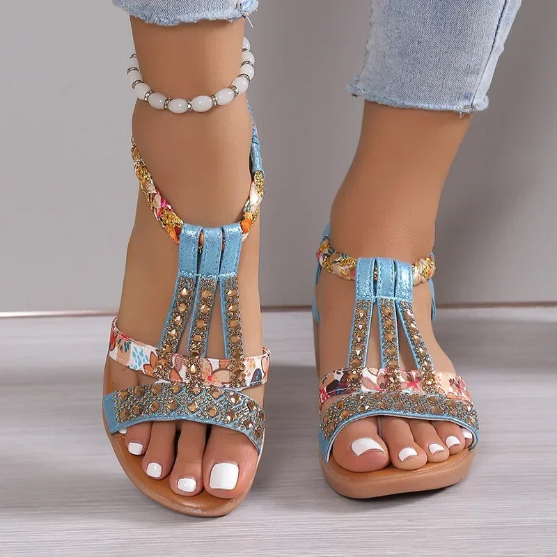 Bonvive | Zomersandalen Dames – Bohemian Sleehakken met Rhinestones | Comfortabele Plateau