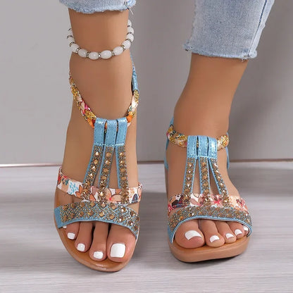 Bonvive | Zomersandalen Dames – Bohemian Sleehakken met Rhinestones | Comfortabele Plateau