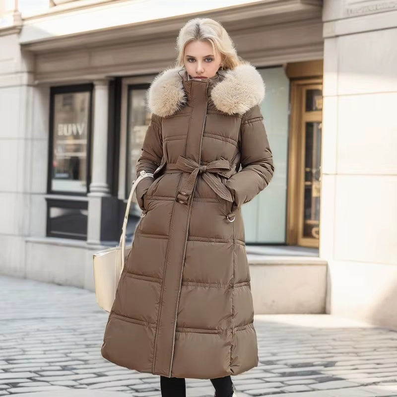 Lange Winterjas voor Dames met Bontkraag – Warme Gewatteerde Parka met Tailleband
