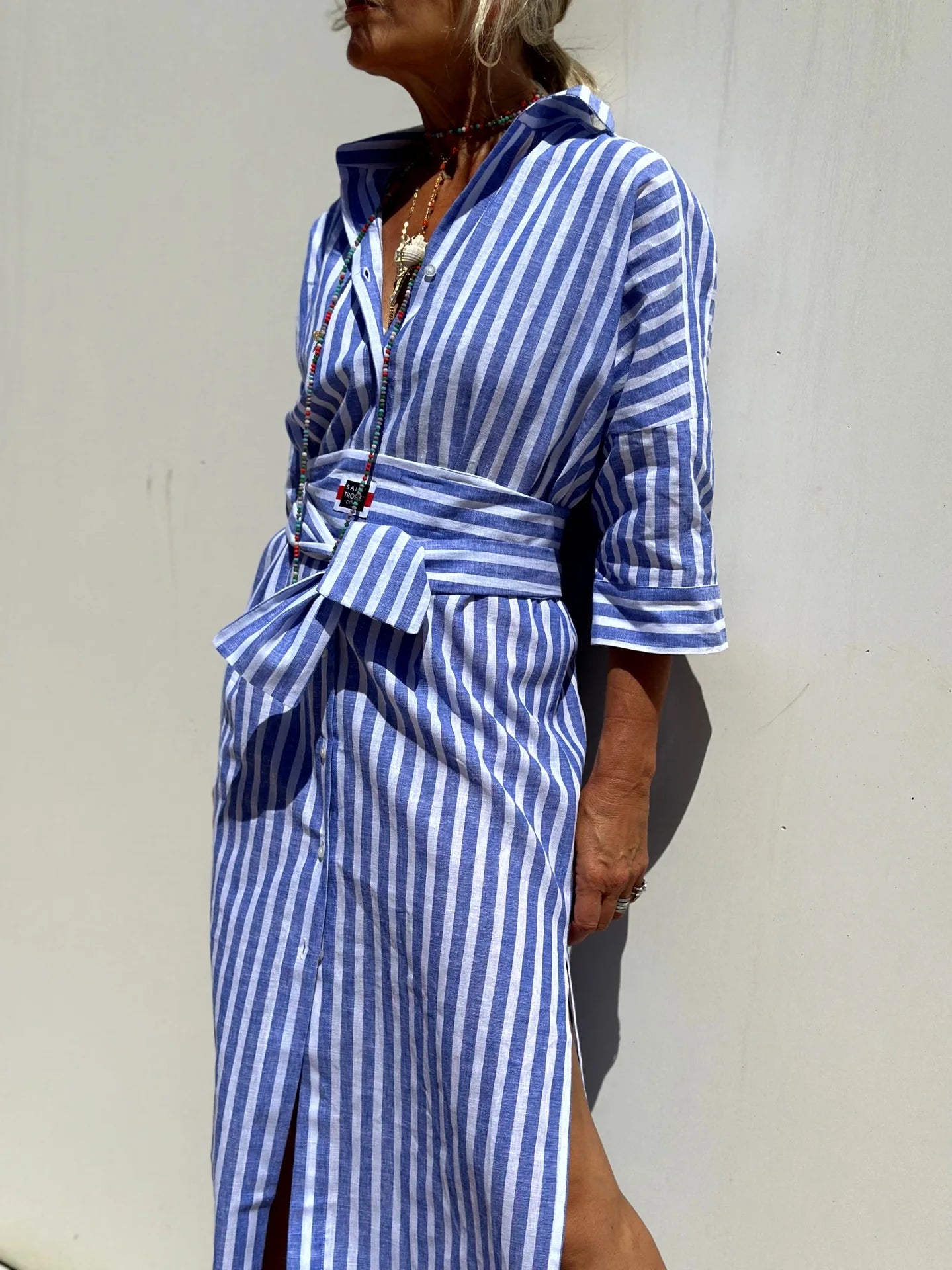 Bonvieve | Stylish Striped Spring Dress – Elegant Shirt-Style Design with Belt, Slit & Notched Collar | Perfect for Work & Leisure