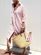 Bonvieve | Stylish Striped Spring Dress – Elegant Shirt-Style Design with Belt, Slit & Notched Collar | Perfect for Work & Leisure