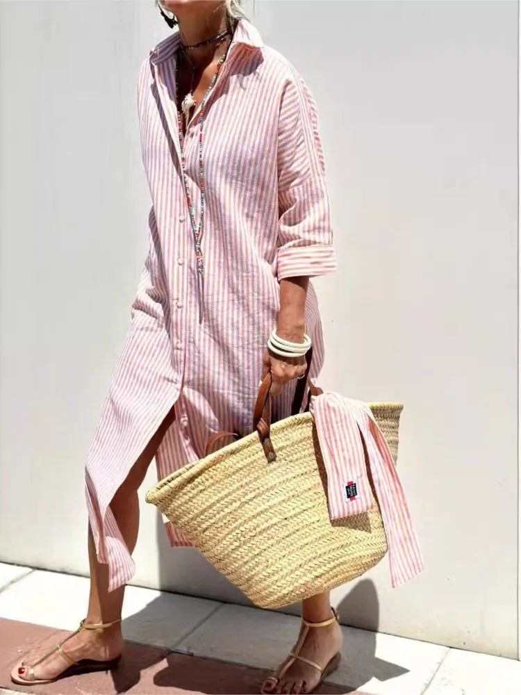 Bonvieve | Stylish Striped Spring Dress – Elegant Shirt-Style Design with Belt, Slit & Notched Collar | Perfect for Work & Leisure