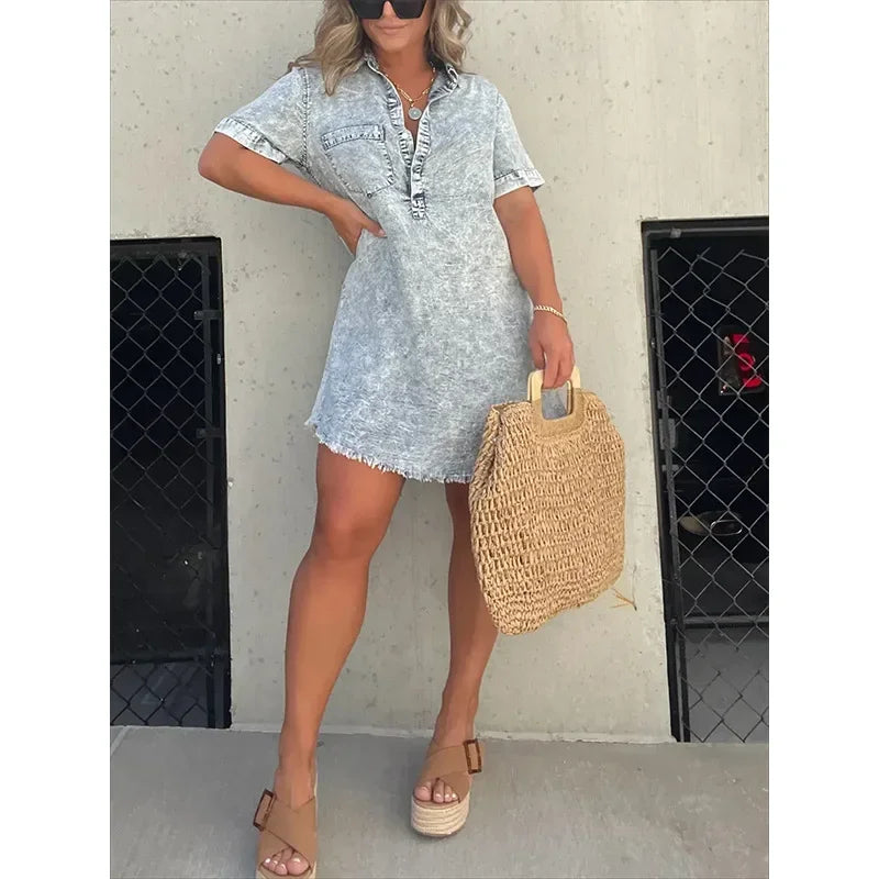 Casual Women’s Short Sleeve Denim Dress with Buttons and Tassel Hem – Trendy Tunic Style