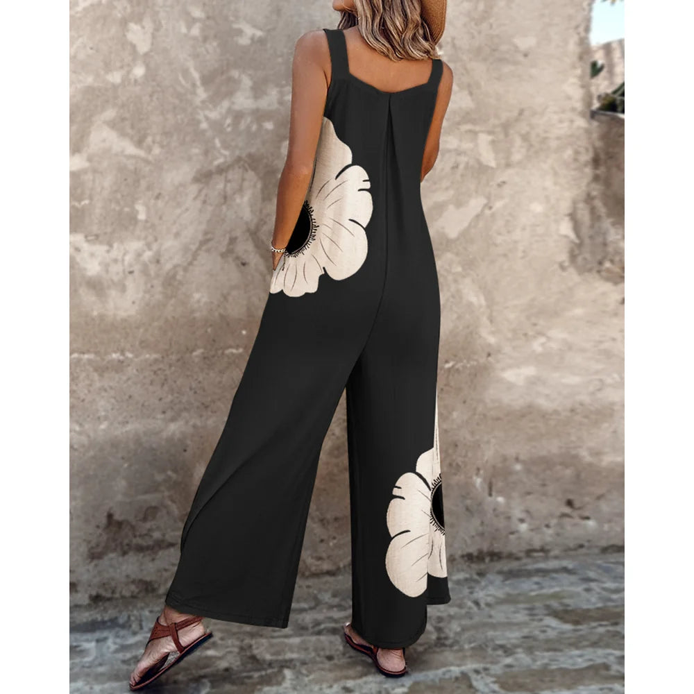 Bonvieve | Women’s Summer Floral Jumpsuit – Wide Legs, Thick Straps & Pockets