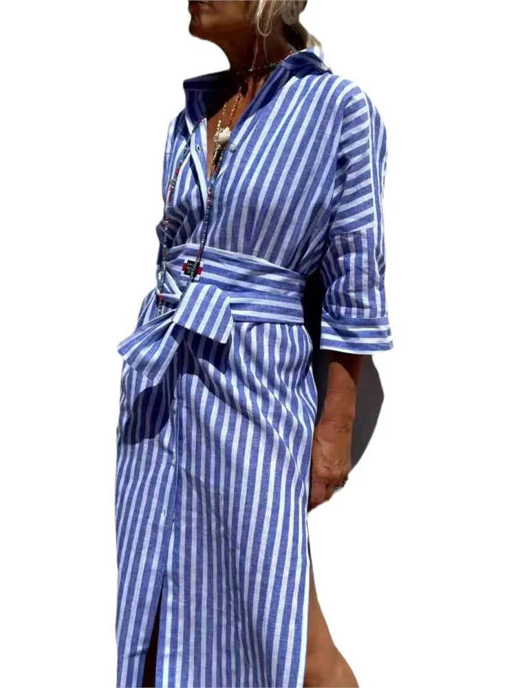 Bonvieve | Stylish Striped Spring Dress – Elegant Shirt-Style Design with Belt, Slit & Notched Collar | Perfect for Work & Leisure