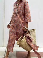 Bonvieve | Stylish Striped Spring Dress – Elegant Shirt-Style Design with Belt, Slit & Notched Collar | Perfect for Work & Leisure