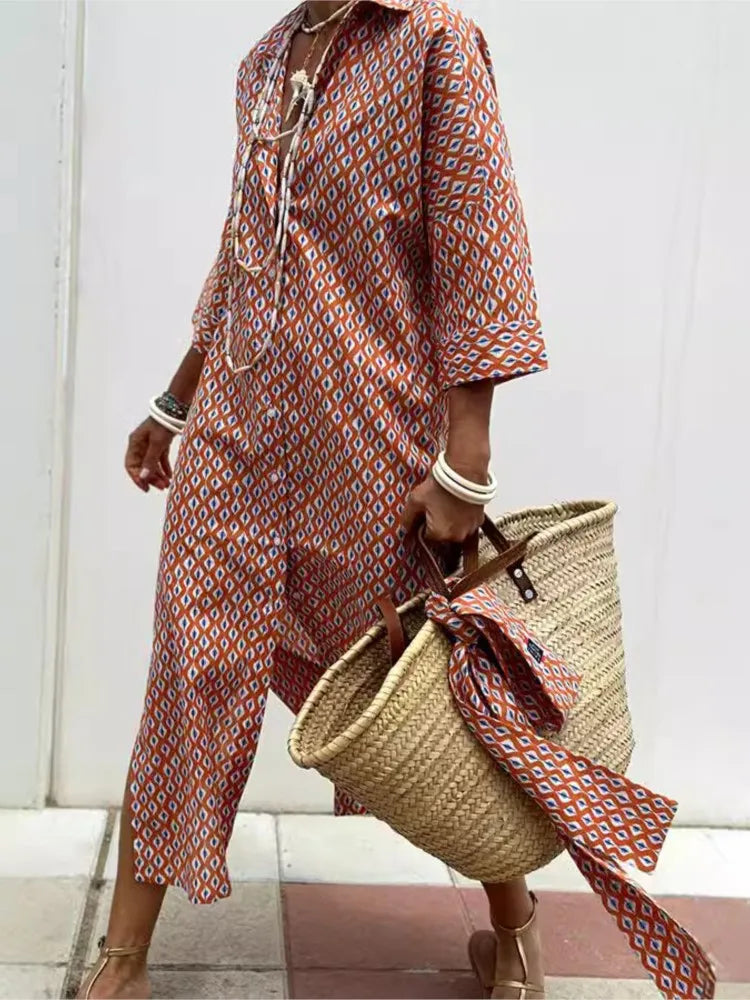 Bonvive | Stijlvolle Gestreepte Voorjaarsjurk – Elegante Overhemdenstijl met Ceintuur, Split & Reverskraag | Perfect voor Werk & Vrije Tijd