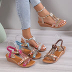 Bonvieve | Women’s Summer Sandals – Bohemian Wedge Heels with Rhinestones | Comfortable Platform