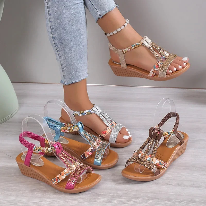 Bonvive | Zomersandalen Dames – Bohemian Sleehakken met Rhinestones | Comfortabele Plateau
