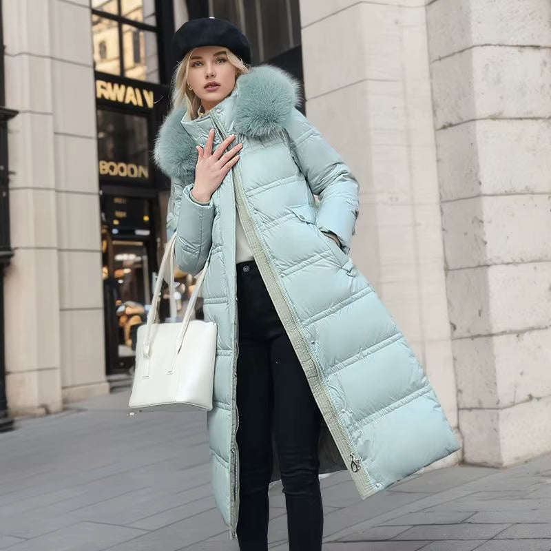 Lange Winterjas voor Dames met Bontkraag – Warme Gewatteerde Parka met Tailleband