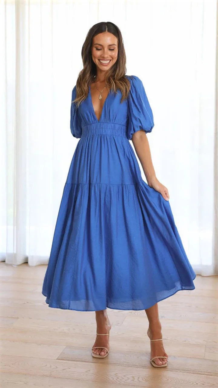 Bonvive | Zomerse Damesjurk met Pofmouwen – Elegante Vakantiestijl | 2025 Trend | Luxe Look