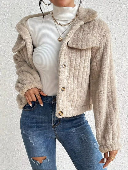 Verdikte pluche jas dames modieuze warme kraag herfst winter korte stijl casual bovenkleding losse pasvorm volledige mouw