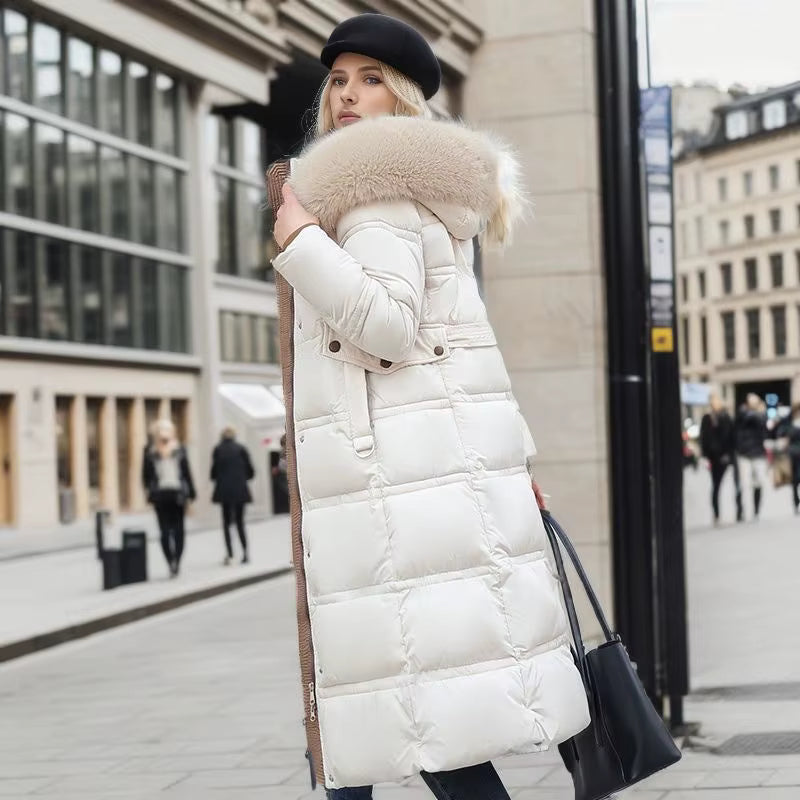 Lange Winterjas voor Dames met Bontkraag – Warme Gewatteerde Parka met Tailleband