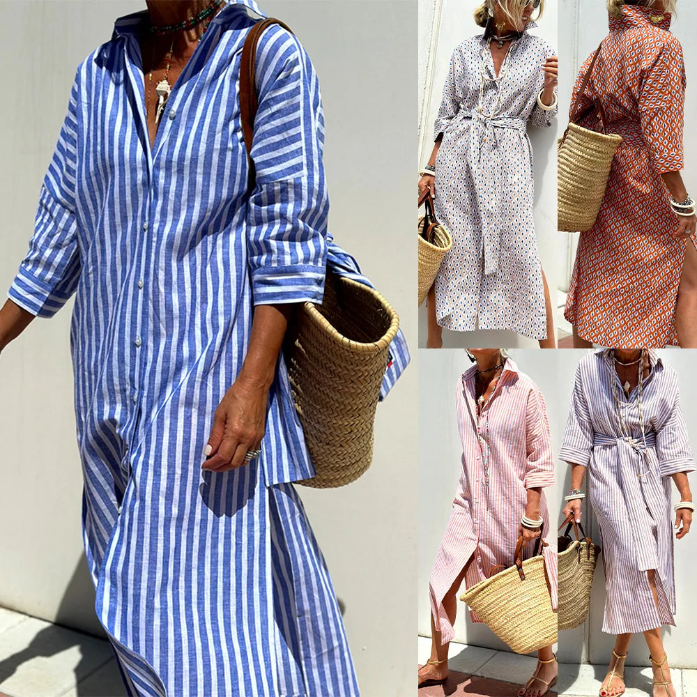 Bonvieve | Stylish Striped Spring Dress – Elegant Shirt-Style Design with Belt, Slit & Notched Collar | Perfect for Work & Leisure