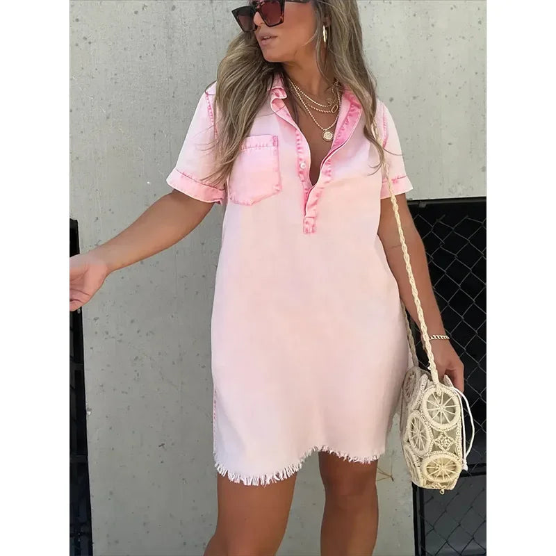 Casual Women’s Short Sleeve Denim Dress with Buttons and Tassel Hem – Trendy Tunic Style