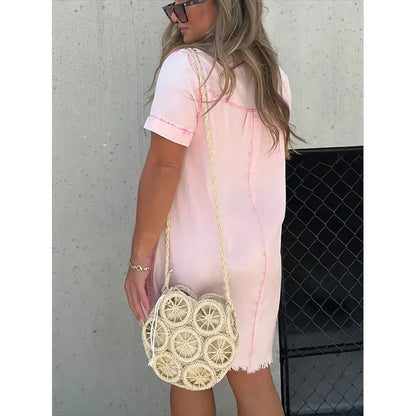 Casual Dames Korte Mouwen Denim Jurk met Knopen en Kwastzoom – Trendy Tuniekstijl