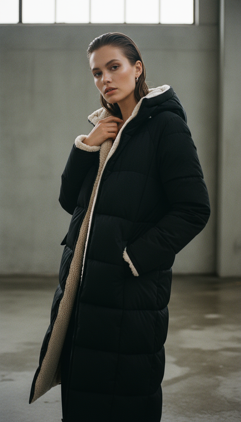 Stylish Reversible Women’s Winter Coat – Long Quilted Puffer Jacket with Hood, Warm and Elegant