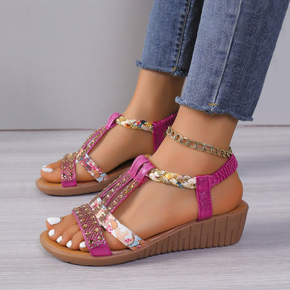 Bonvive | Zomersandalen Dames – Bohemian Sleehakken met Rhinestones | Comfortabele Plateau