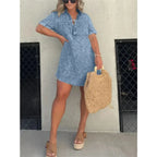 Casual Women’s Short Sleeve Denim Dress with Buttons and Tassel Hem – Trendy Tunic Style