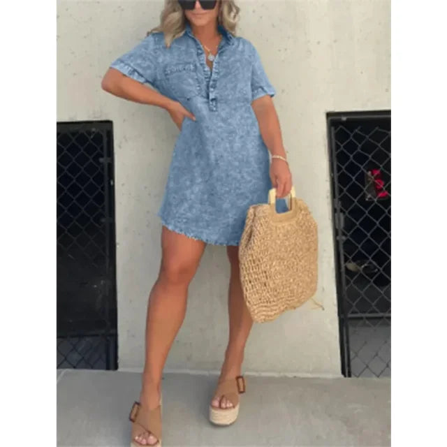 Casual Women’s Short Sleeve Denim Dress with Buttons and Tassel Hem – Trendy Tunic Style