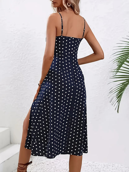 Bonvive | Elegante Marineblauwe Polkadot Midi Jurk